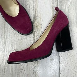 Miu Miu Fuchsia Suede Heels with Black Chunky Heel